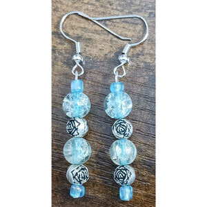 Handcrafted Silver Tone Blue Glass Beaded Dangle Earrings Fashion Jewelry